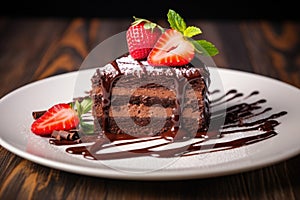 a chocolate cake topped with strawberries on a white plate