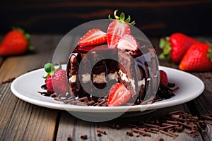 a chocolate cake topped with strawberries on a white plate