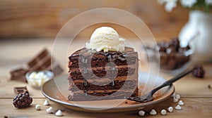 Chocolate cake with vanilla ice cream served on a rustic table