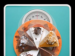 Chocolate cake on weigh-scale