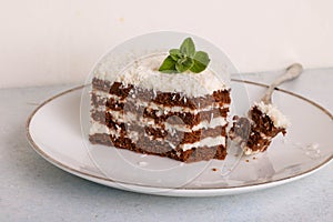 Chocolate cake with white cream and shredded coconut
