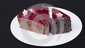 Chocolate cake on white plate