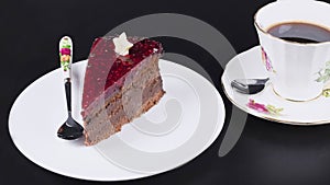 Chocolate cake on white plate