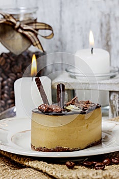 Chocolate cake on white plate