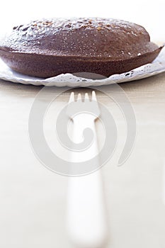 Chocolate cake and wooden fork.