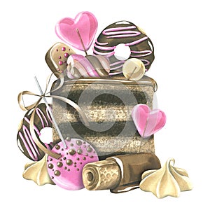 Chocolate cakes, donuts, waffles and yummy pink icing and heart-shaped lollipops. Watercolor illustration. A composition