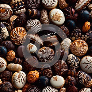 Chocolate candies background. Top view. 3d illustration. Generative AI