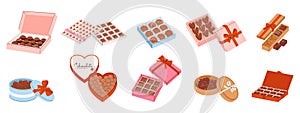 Chocolate candies boxes. Choco presents, candy in gift box with bow. Desserts, cocoa products. Sweet tasty products for