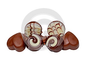 Chocolate candies collection. Beautifully assortment of various chocolate candies sweets isolated of a white background. Clipping