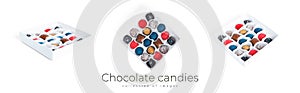 Chocolate candies collection isolated on white background.