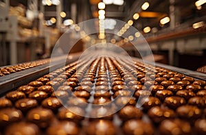 Chocolate candies on conveyor belt in factory