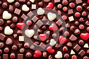 Chocolate candies and hearts laying in brown background - Illustration, valentine, romantic