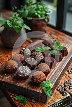 Chocolate candies and mint leaves on wooden board