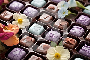 Chocolate candy assortment in box composition. Generative AI