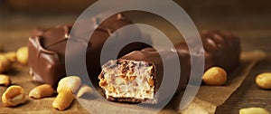 Chocolate candy bars with caramel, nuts and nougat on table, closeup. Banner design