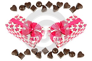 Chocolate candy and a box of chocolates in gift wrapping isolated on white. There is free space for text. Collage