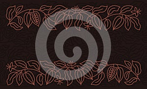 Chocolate candy box horizontal background. Beans and branches leaves. Vector editable outline stroke.