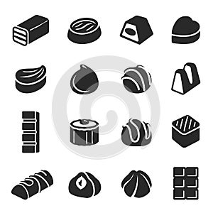 Chocolate candy confectionery assortment black icon set