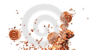 Chocolate candy, split in half, with chocolate and dairy flow, isolated on white background