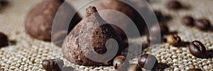 Chocolate candy truffles and coffee grains on a burlap background. Wide background