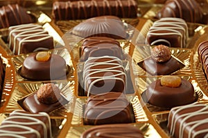 Chocolate candys with icing in golden box