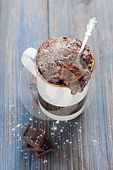 Chocolate caramel cake in a mug