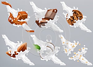 Chocolate, caramel, coconut, almond, biscuit, oats in milk splash. Yogurt 3d vector