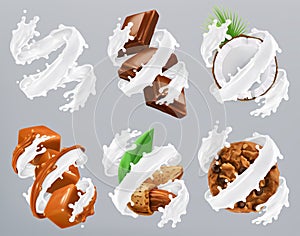 Chocolate, caramel, coconut, almond, biscuits in milk splash. Yogurt 3d vector