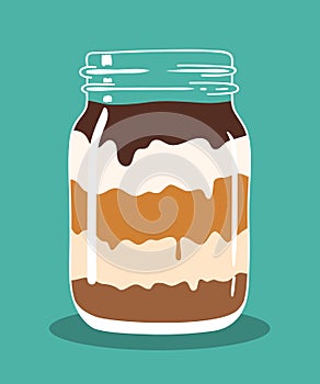Chocolate caremel cream layered dessert in mason jar. Vector hand drawn illustration.