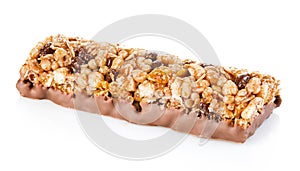 Chocolate cereal bar close-up isolated on a white background