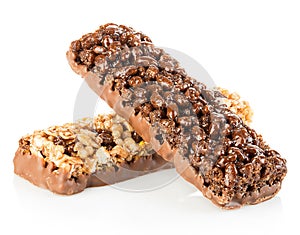 Chocolate cereal bars close-up isolated on a white background