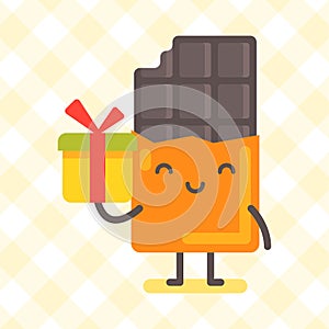 Chocolate character holding gift box and smiling. Funny character