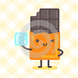 Chocolate character holding sugar and winking. Funny character