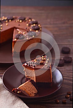 chocolate cheese cake on the wooden table