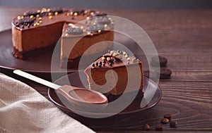 chocolate cheese cake on the wooden table