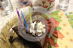 Chocolate cheesecake decorated with white cream flower and chocolate leaf