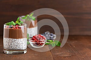 Chocolate chia pudding in glass on dark wooden background. With copy space