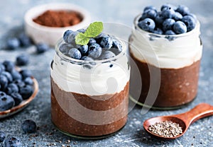 Chocolate chia pudding with greek yogurt and blueberries in jar