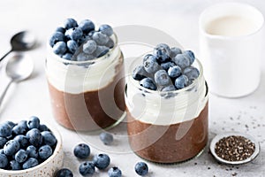 Chocolate chia pudding with yogurt layer and blueberries