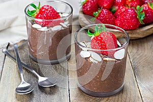 Chocolate chia seed pudding with almond slices and strawberry