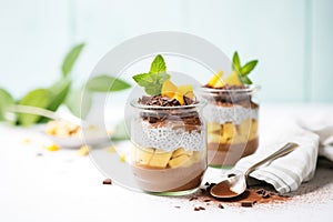 chocolate chia seed pudding with shaved chocolate garnish