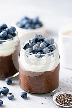 Chocolate chia seed pudding with yogurt and blueberries