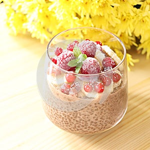 Chocolate chia seeds pudding smoothie with frozen raspberries and currants with fresh mint.