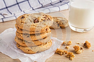 Chocolate chip cookie with almond and milk glass