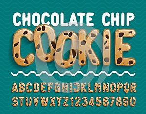 Chocolate Chip Cookie alphabet font. Cartoon cookie letters and numbers. photo