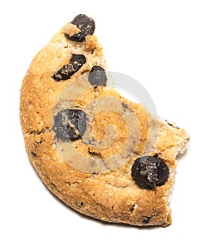 Chocolate chip cookie and crumbs isolated white background