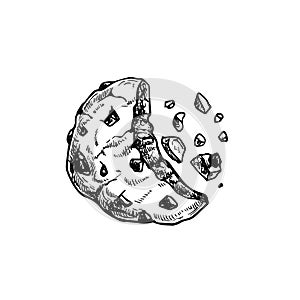 Chocolate chip cookie with crumbs. Top view. Hand drawn sketch style. Fresh baked. American biscuit. Vector illustration