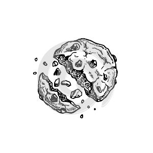 Chocolate chip cookie with crumbs. Top view. Hand drawn sketch style. Fresh baked. American biscuit. Vector illustration