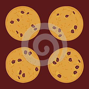 Chocolate chip cookie set, Freshly baked Four cookies on dark brown background. Bright colors. Vector