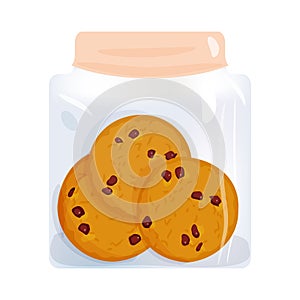 Chocolate chip cookie set, homemade biscuit in glass jar, isolated on white background. Bright colors. Vector